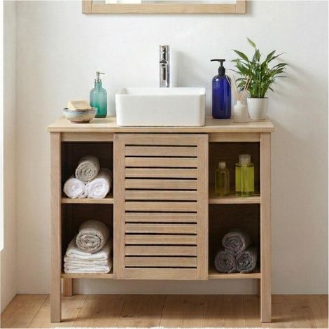Mueble baño individual 90cm roble y lavabo cerámico cuadrado