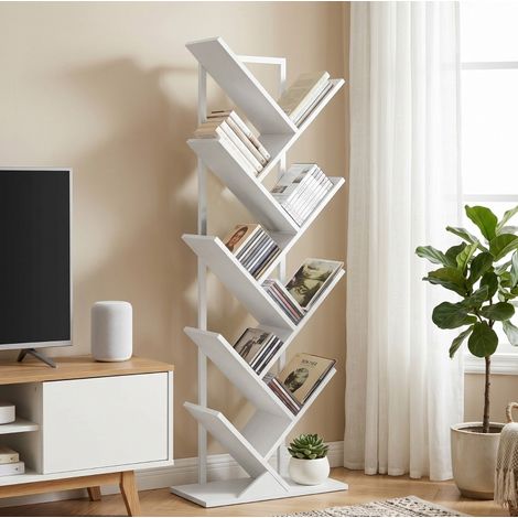Bibliothèque arbre 9 niveaux avec cadre en acier, 50 x 24 x 136 cm, blanche DESVIAE (1/5)