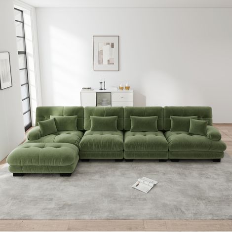 Modulares L-Ecksofa, 4-Sitzer, grüne Chenille, mit beweglicher Ottomane HAVRYA (1/5)