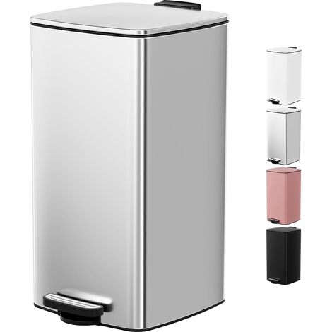 Poubelle Cuisine 30 L à Pédale, Poubelle Rectangulaire en Acier avec Couvercle Soft-Close, Seau Intérieur et Fonction Maintien Ouvert, pour Cuisine, Salon et Bureau – Argent (1/5)