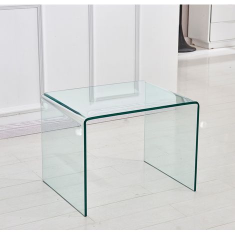 Table d'appoint en verre trempé - 50x40x45 cm - Bout de canapé transparent courbé pour salon et bureau - Transparent (1/5)