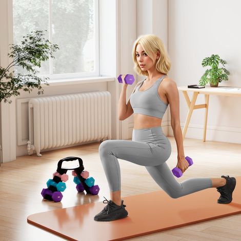 Lot 6 haltères Rose Bleu 3 kg 12 kg (2x1 2x2 2x ) = avec pied/kettlebell métal/PP clair violet