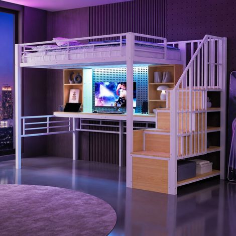 Letto a soppalco 90x200 cm bianco in metallo e MDF con scrivania, scala contenitore e LED (1/5)