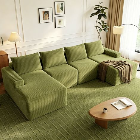 Canapé d’angle modulable 4 places avec méridienne – Vert – velours côtelé, assise confortable, design moderne pour salon élégant