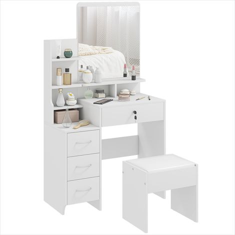 Coiffeuse avec tabouret grand miroir 4 tiroirs étagères blanc (1/5)