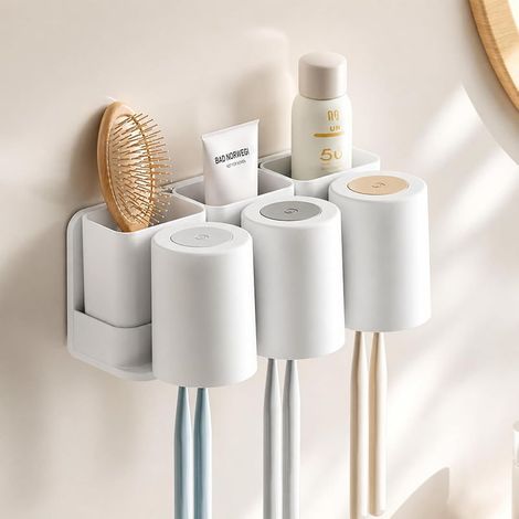 Porte Brosse à Dents Mural Adhésif, avec 3 Tasses et 3 Compartiments de Rangement Amovibles, Support Hygiénique Familial pour Brosses à Dents, Dentifrice et Cosmétiques (1/5)