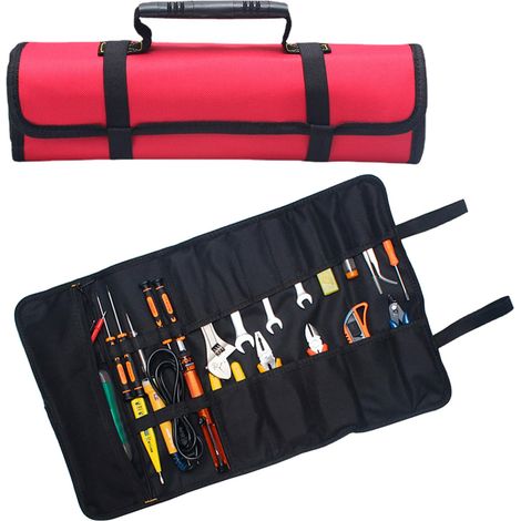 Sac à Outils Enroulable 14 Poches en Tissu Oxford Pochette à Outils pour électriciens 58 x 35 cm Étanche Organisateur de Rouleau à Outils Fourre-tout pour Charpentier Plombier(Rouge) (1/5)
