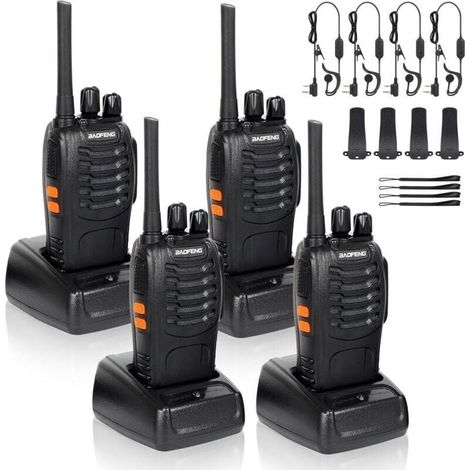4 x talkies-walkies radio à deux canaux 400-470 MHz talkies-walkies avec écouteurs d'origine émetteur FM radio portable rechargeable 16 canaux - noir