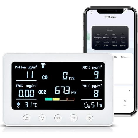 Detector de gas multifunción   PT02-Plus 8 en 1, pantalla LCD de 7 pulgadas, sensor NDIR, aplicación Tuya, wifi de 2,4 GHz, conmutación °C/°F, monitoreo en tiempo real de la calidad del aire en interi (1/5)