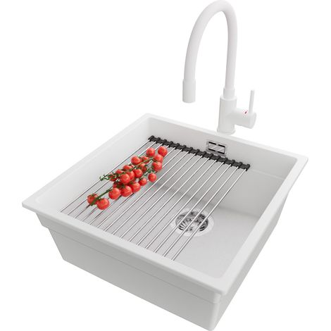 PRIMAGRAN Evier Cuisine en Granit 46x47cm, Lavabo 1 bac + Robinet 38x14cm + Kit de Vidage + Accessoire, Évier à Encastrer au meuble 50cm - Prague Slim, Blanc (1/5)
