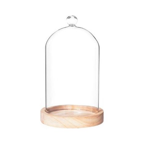 Atmosphera – Cloche en verre sur socle bois 19cm – Protection contre la poussière – Pour objets de collection et décoration intérieure