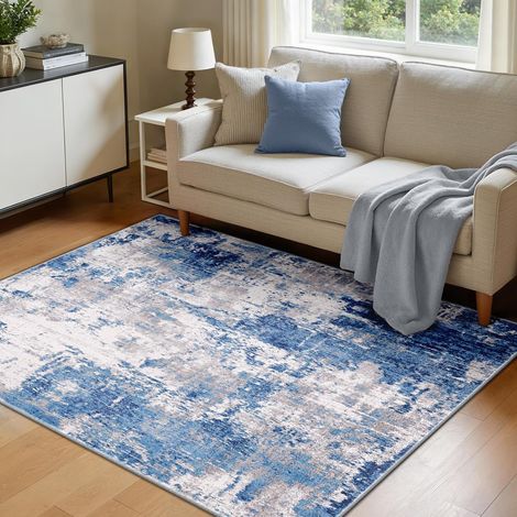 Tapis Salon Lavable 120x180 cm - Polyester Doux - Motif Abstrait Bleu Gris - Antidérapant Compatible Robot - Pour Maison et Bureau (1/5)