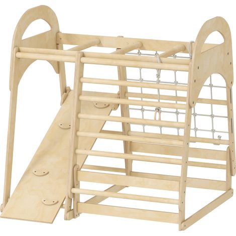 Maison de jeux d'escalade intérieur 6-en-1, toboggan, poteaux d'escalade, mur d'escalade, échelle, filet d'escalade, bois, 3-6 ans (1/5)