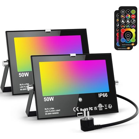 Projecteur LED Extérieur RGB 50W Projecteur avec Télécommande, 120 Couleurs 5 Modes Changement de Couleur Projecteur LED Intérieur 5000LM Blanc Froid IP66 Etanche Spot Extérieur pour Jardin (1/5)