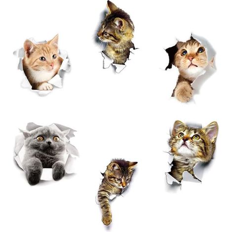 Sticker Mural Chat, 6 Pièces Autocollant Muraux 3D Amovible, pour Voiture, Fenêtre, Toilette, Salle de Bain, Chambre, Pépinière, Cuisine, Stickers Porte, Autocollants Muraux Décoratifs (1/5)