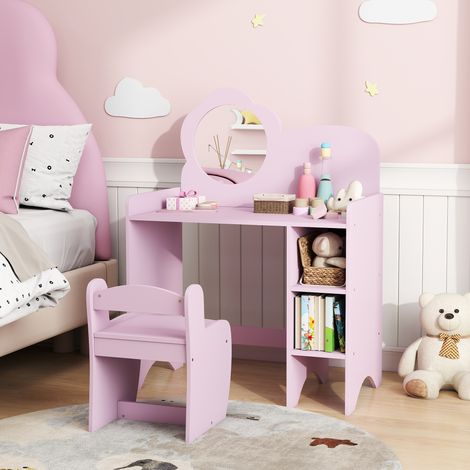 Tocador Infantil con Taburete y Espejo en Forma de Flor con Estantes Abiertos para Niños y Niñas de 3-8 Años Morado (1/5)