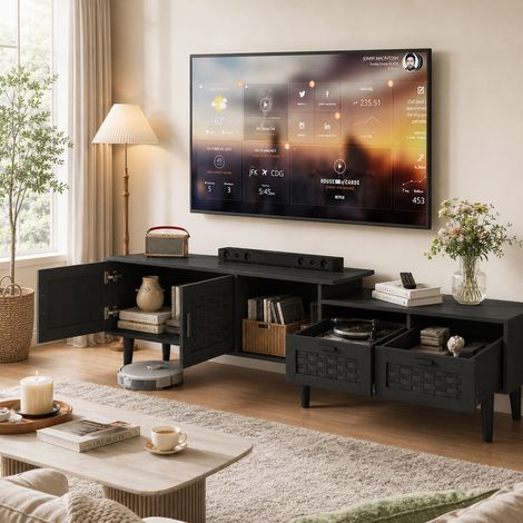 Meuble TV en rotin 180×30×44 cm, 2 portes et 2 tiroirs, armoire TV extensible, étagères ouvertes, grande capacité, meuble de salon, poignées en métal, pieds en bois, style moderne, Noir (1/5)