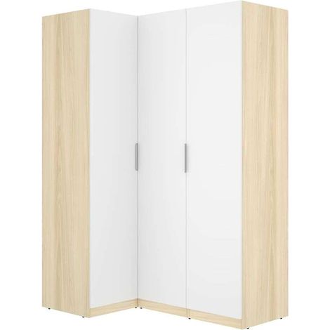 Armario ropero de rincón 3 puertas abatibles acabado roble claro/blanco, 203.5cm(alto) 142.4cm(ancho) 95cm(largo)
