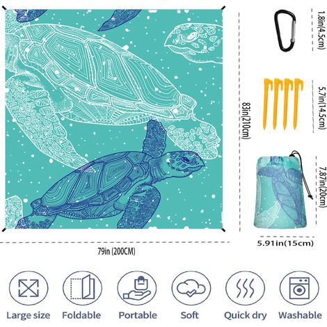 Tapis de plage 200x210 cm tortues bleues - Imperméable anti-sable - Couverture pique-nique plage camping rando - Housse imprimée (1/5)