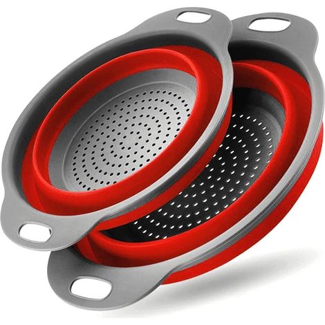 Ensemble de deux filtres pliables ronds en silicone pour égoutter pâtes et légumes pratique et gain de place (1/5)