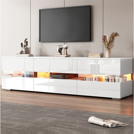 Mueble para TV de aglomerado blanco 160x39x45 cm con frente brillo, LED, 2 puertas, 1 cajón y hueco abierto (1/5)