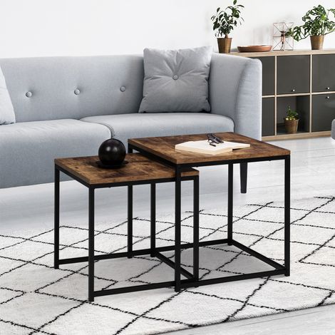 Lote de 2 mesas de centro DAYTON 40/45 de diseño industrial con tableros gruesos de efecto envejecido
