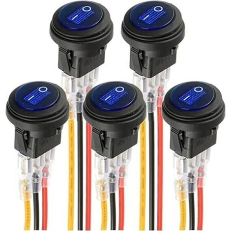 bleu LED interrupteur rond électroluminescent KCD1-8 interrupteur à bascule étanche 12V 20A marine et divers éclairage étanche à 3 broches avec commande par fil (5pcs) (1/4)