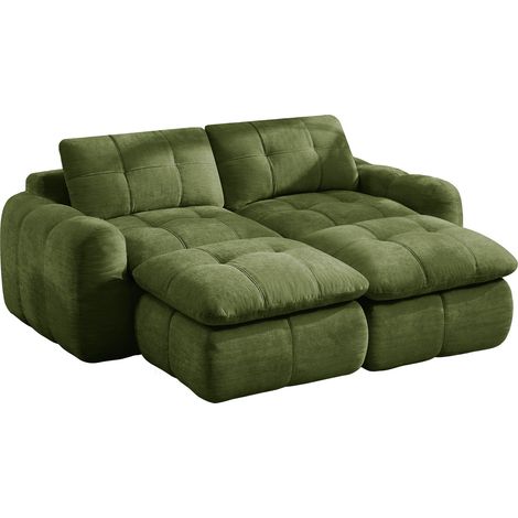 Canapé modulable 2 places en chenille verte avec 2 ottomanes, sans montage, design en carreaux (1/5)