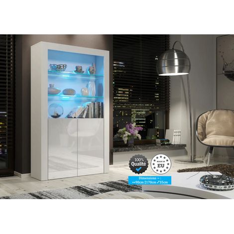 Dusine – Vitrine JIVE 90 cm blanc laqué avec lumières LED bleues – Mélaminé certifié FSC – Dimensions 90x35x170 cm – Fabrication européenne