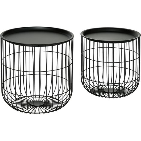 Lot de 2 Tables Basses Gigognes Rondes avec Rangement en Acier Thermolaqué Noir Table d'Appoint Salon Ø40x40cm et Ø35x35cm (1/5)