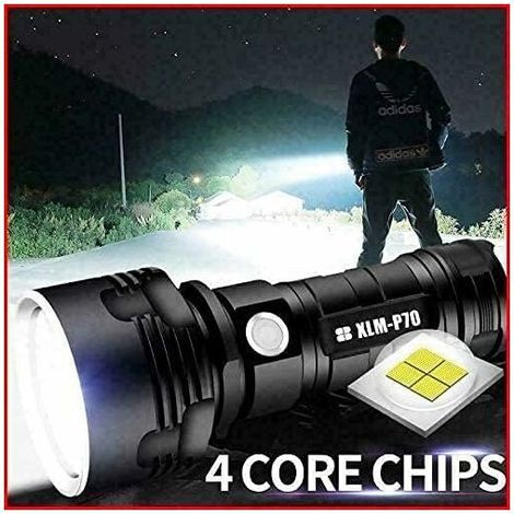 p70 lampe torche, 30000-100000 lumens haute puissance LED lampe de poche étanche ultra lumineuse, Lampe de poche XLM-P70 50W la plus puissante à 3 modes (Batterie unique, 50W-P70) [Classe énergétique (1/4)