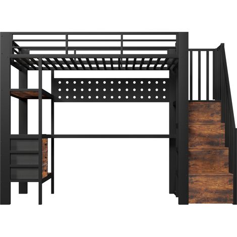 Cama alta 90 x 200 cm de metal y MDF negro con escritorio, almacenaje, LED y enchufe (1/5)