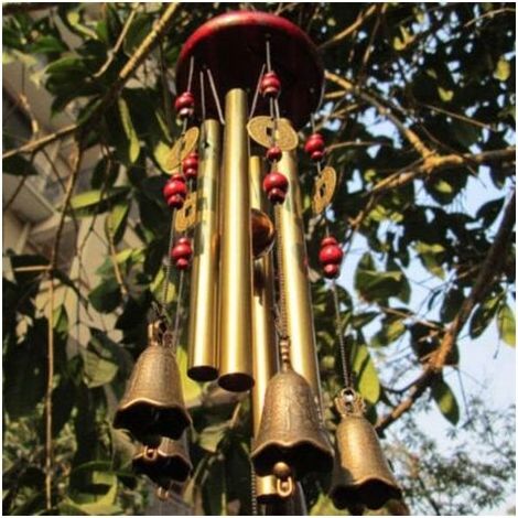 Chianrliu Carillon du vent, vous souhaite la prospérité: chinois traditionnel incroyable 4 tubes 5 cloches et base en bois Bronze Windchime pour patio extérieur, jardin et décoration intérieure (1/4)