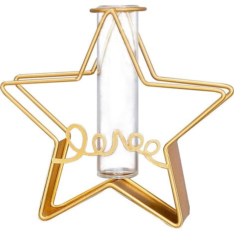 BEBUSINGOTO Vases pour plantes de bureau avec tube à essai, vase à fleurs en verre avec support en métal doré, support pour plantes pour décoration de mariage à la maison (or, étoile) (1/5)