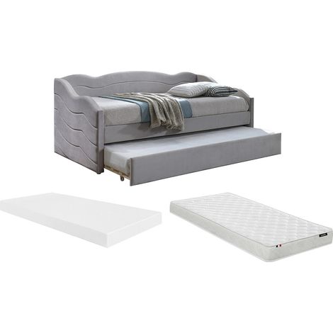 Vente-Unique – Lit gigogne 90 x 190 cm – Velours taupe – Avec matelas mousse hypoallergénique – Tiroir sur roulettes – Charge max 110 kg (1/5)