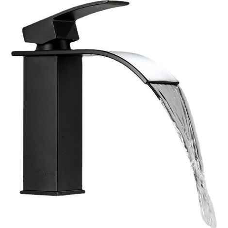 Robinet cascade chromé monotrou inox 304 – Cartouche céramique durable – Tuyaux antidéflagrants – Économie d eau – Modèle noir bas (1/2)