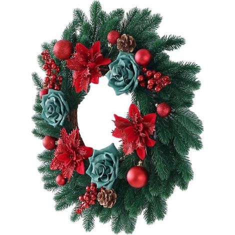Couronne de Noël avec pommes de pin et fleurs artificielles pour porte, couloir, porche (1/4)