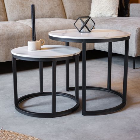 Rund Couchtisch 2er-Set Sinterstein Marmoroptik Paige White (1/5)