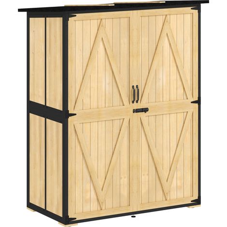 Gartenschrank, Geräteschuppen aus Holz, Wetterfest Geräteschrank mit 2 Türen, Regale, Werkzeughaus mit Asphaltdach, Werkzeugschrank für Garten, Terrasse, 140 x 74 x 173 cm, Naturholz 