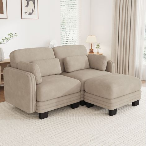 MODFU – Sofá esquinero modular 176x143 cm de chenilla con otomana, cojines móviles, espuma 28D y carga 380 kg – Café claro (1/5)