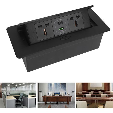 Prise multifonctionnelle noire à trois trous avec port USB à charge rapide de 20 W, prise de bureau escamotable dissimulée, 250 V. (1/5)