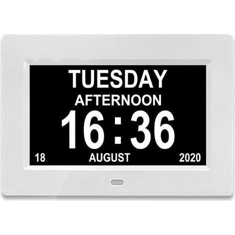 Reloj digital LCD de 7 pulgadas con calendario, fecha, día y hora, formato de reloj completo, atenuación automática, 8 idiomas, pantalla HD, recordatorio para personas con Alzheimer, adultos mayores y (1/4)