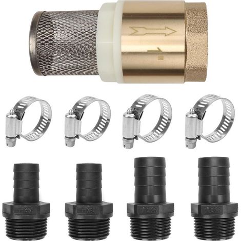 Clapet Anti Retour avec Filtre en Acier Inoxydable, 1" Vanne Non Retour avec Raccord de Tuyau, Collier de Serrage, Clapet de Pied, Vanne de Pied en Laiton pour Pompe a Eau, Tuyau Arrosage