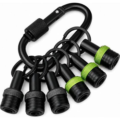 Set mit 6 Schlüsselringverlängerungen aus Aluminiumlegierung inklusive Adaptern und schwarzem und grünem Kunststoffetui (schwarzes Etui enthalten). (1/5)