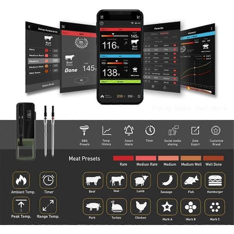Wireless food thermometer for meat, smart Bluetooth digital thermometer for BBQ, ideal for cooking, baking and grilling. - AquaForge (1/5)