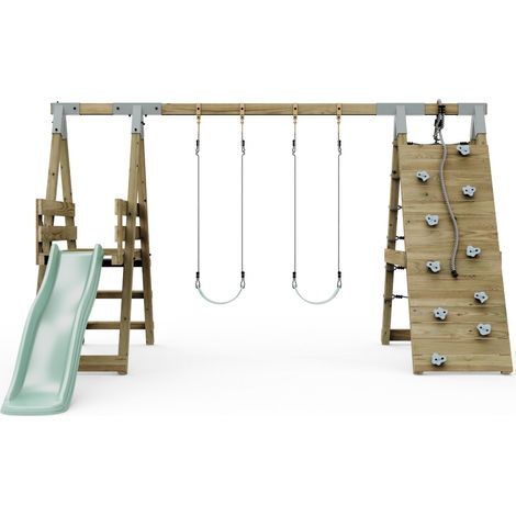 PolarPlay Premium Double Swing Set with Climbing Wall and Slide - Mint Green (1/5)