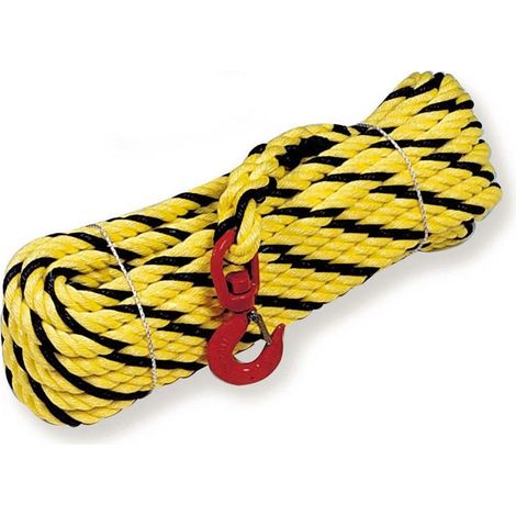 Mondelin – Corde à poulie polypropylène 20 m – Traitement anti-UV – Boucle épissurée et crochet de levage avec linguet de sécurité – Jaune/noir