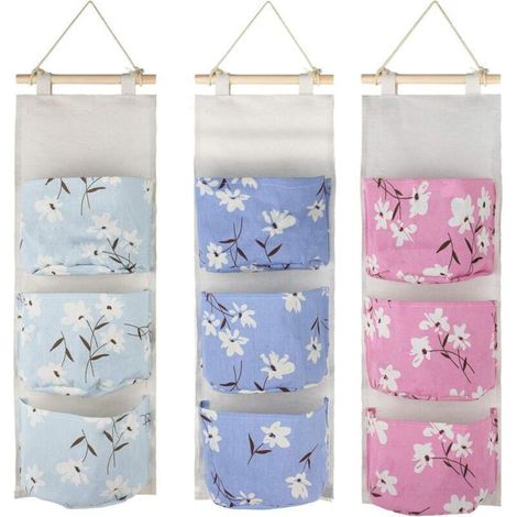 Lot de 3 sacs de rangement muraux à suspendre au-dessus de la porte, organiseur en tissu de lin imperméable avec 3 poches, étagères de rangement multifonctions pour placard, chambre, salle de bain. (1/4)