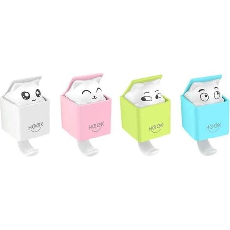Lot de 4 Animal Crochet Adhésif, Créative Chat Déco Enfant Plastique Crochets Porte Serviette Mur, 2kg(max) pour Salon, Salle de Bains, Cuisine, Clés, Sacs, Chapeaux (Rose, Vert, Blanc, Blu) (1/5)