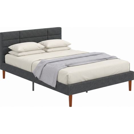 Cadre de Lit 140 x 200 cm avec Sommier Bois, Lit Double Rembourré en Effet Lin, Rangement au-dessous, Sans Bruit, Gris (1/5)